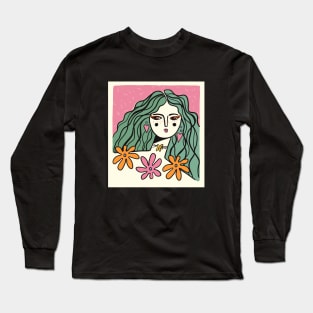 Flower woman art, 70s, Groovy art, Retro print, Aesthetic poster, Floral art, Girl power Long Sleeve T-Shirt